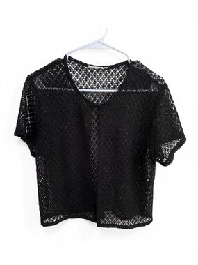 Black Lace Short-Sleeve Button Cardigan - Women Tops